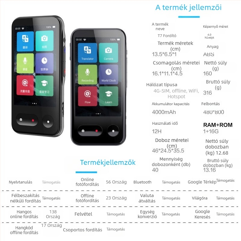 MSAI T7138 fordító SIM-kártyával, offline fordítás, fotózás és felvétel, 4000 mAh akkumulátor
