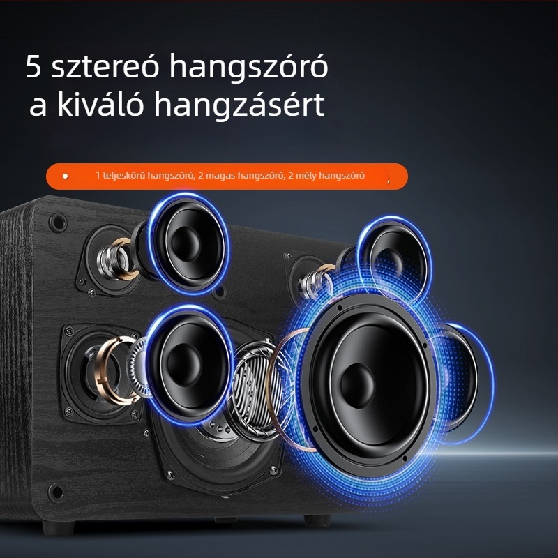 Karaoke all-in-one hangrendszer fa kabinetttel, 5 hangszóró, 50W teljesítmény, Bluetooth 5.0, frekvencia-tartomány 100Hz-20kHz