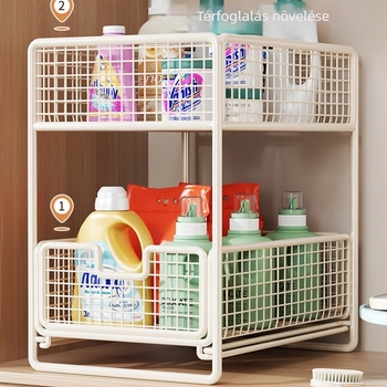 Mosdó alatti kihúzható tároló — minimalistikus 2-szintes fürdőszobai szervező, teherbírás 1 kgig, felület: sütőben sült festék