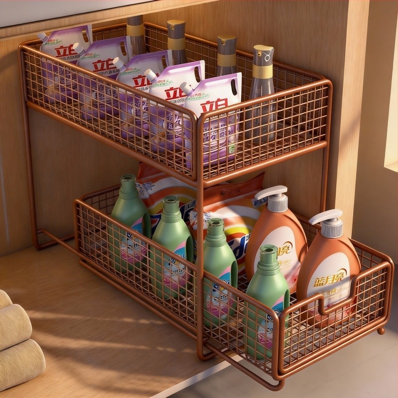 Mosdó alatti kihúzható tároló — minimalistikus 2-szintes fürdőszobai szervező, teherbírás 1 kgig, felület: sütőben sült festék