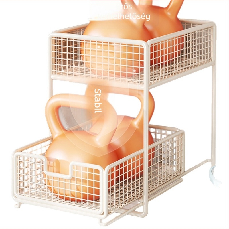 Mosdó alatti kihúzható tároló — minimalistikus 2-szintes fürdőszobai szervező, teherbírás 1 kgig, felület: sütőben sült festék