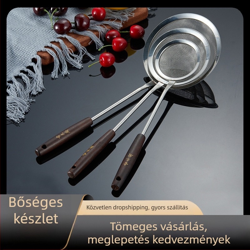 304 rozsdamentes acél szűrőkanál fa nyéllel, hálós szűrő és lisztes szita a konyhába