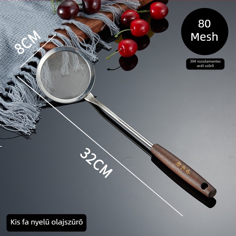 304 rozsdamentes acél szűrőkanál fa nyéllel, hálós szűrő és lisztes szita a konyhába