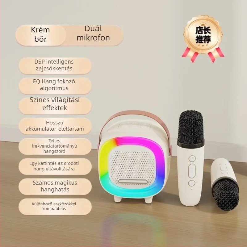 Karaoke Bluetooth hangsugó beépített mikrofonnal — 5W, Bluetooth 5.0, beépített akkumulátor 1200–2000mAh, IPX4 vízálló, 10 m hatótávolság