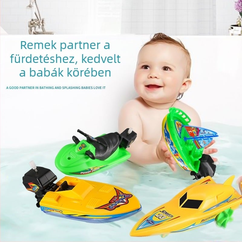 Műanyag vízi játék — wind-up mechanizmusú gyorshajó, jacht és vitorláshajó gyerekeknek (4–6 évesek)