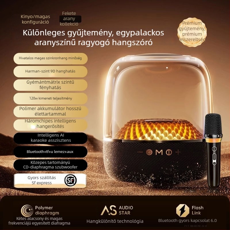 Otthoni karaoke rendszer Bluetooth 5.0-val és beépített vezeték nélküli mikrofonnal, beépített akkumulátor 6000mAh, teljesítmény 130W, frekvenciasáv 100 Hz–20 kHz, SNR ≥70 dB