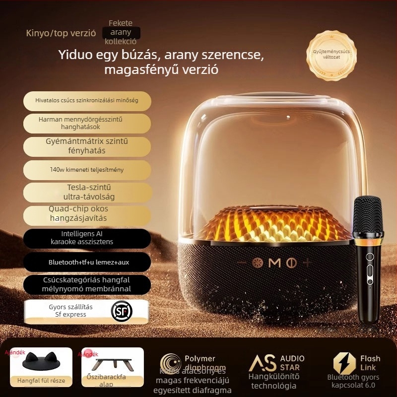 Otthoni karaoke rendszer Bluetooth 5.0-val és beépített vezeték nélküli mikrofonnal, beépített akkumulátor 6000mAh, teljesítmény 130W, frekvenciasáv 100 Hz–20 kHz, SNR ≥70 dB