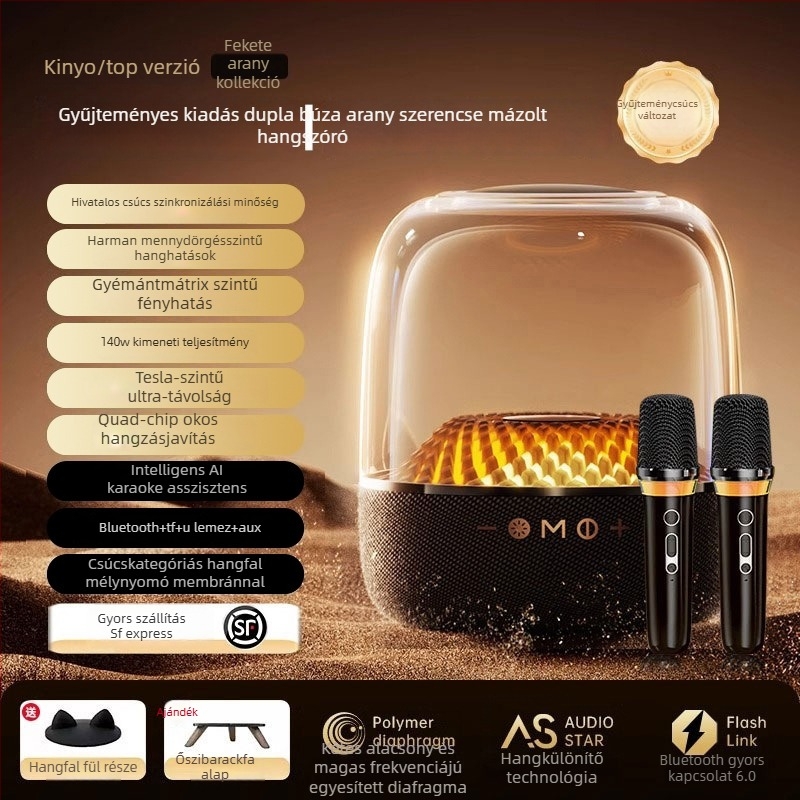 Otthoni karaoke rendszer Bluetooth 5.0-val és beépített vezeték nélküli mikrofonnal, beépített akkumulátor 6000mAh, teljesítmény 130W, frekvenciasáv 100 Hz–20 kHz, SNR ≥70 dB