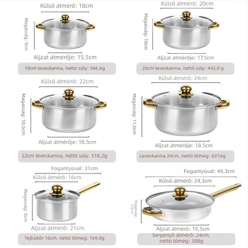 410-es rozsdamentes acélból készült 12 darabos edénykészlet, üvegfedőkkel, füstmentes kialakítással, általános tűzhelyhez