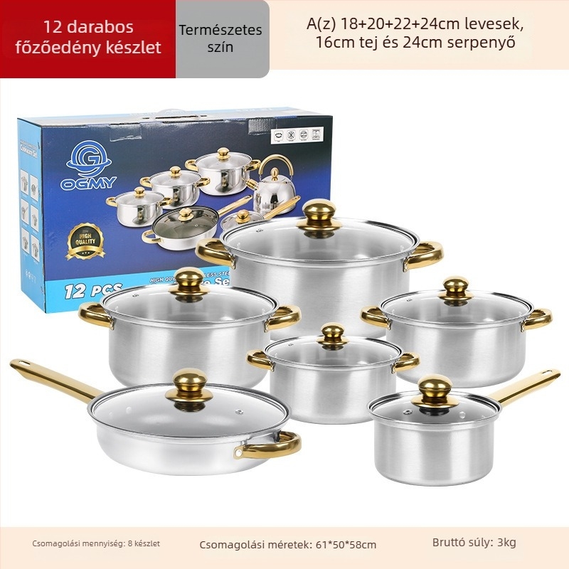 410-es rozsdamentes acélból készült 12 darabos edénykészlet, üvegfedőkkel, füstmentes kialakítással, általános tűzhelyhez