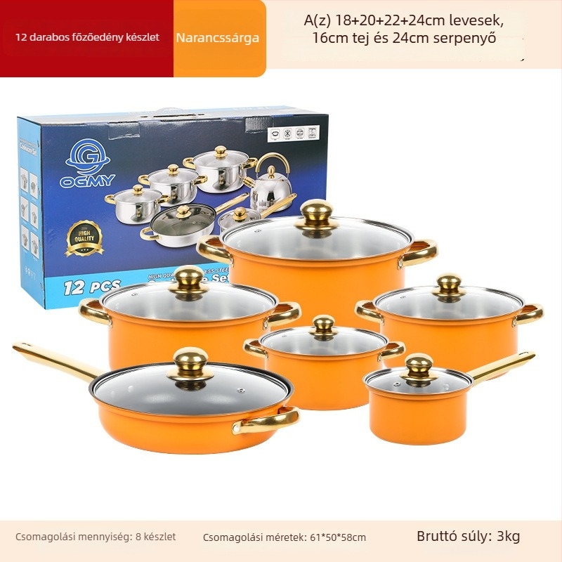 410-es rozsdamentes acélból készült 12 darabos edénykészlet, üvegfedőkkel, füstmentes kialakítással, általános tűzhelyhez