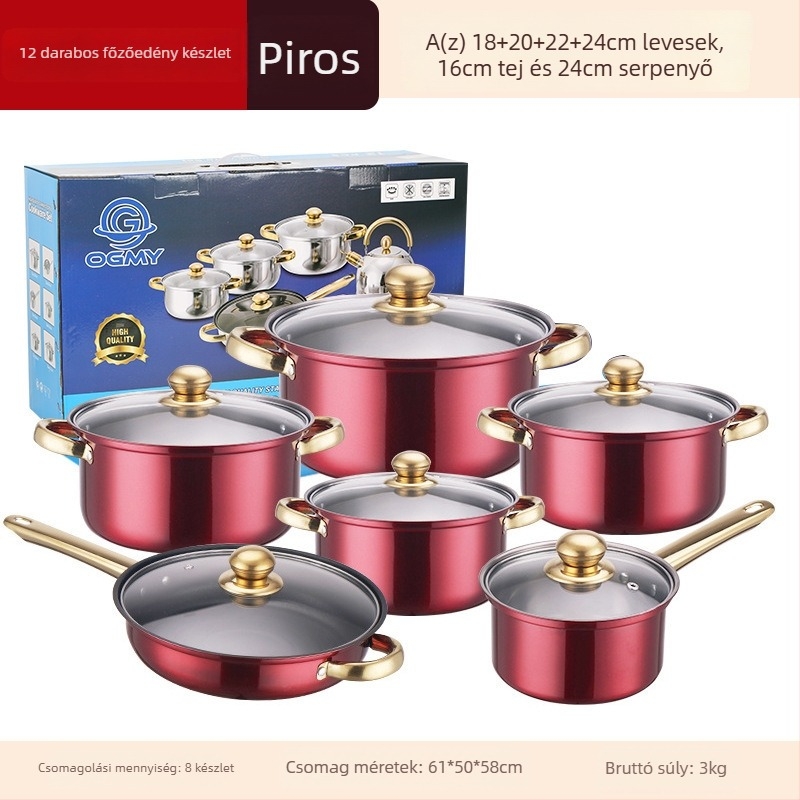 410-es rozsdamentes acélból készült 12 darabos edénykészlet, üvegfedőkkel, füstmentes kialakítással, általános tűzhelyhez