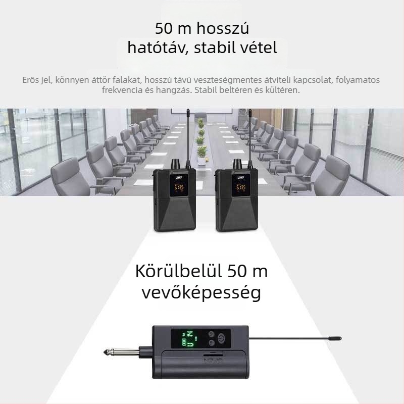 Vezeték nélküli lavalier mikrofon fejre rögzíthető, 2 csatornás rendszer, frekvenciasáv 100 Hz–20 kHz, SNR ≥100 dB