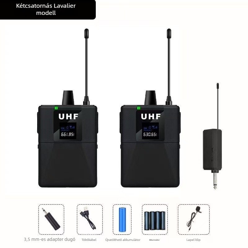 Vezeték nélküli lavalier mikrofon fejre rögzíthető, 2 csatornás rendszer, frekvenciasáv 100 Hz–20 kHz, SNR ≥100 dB