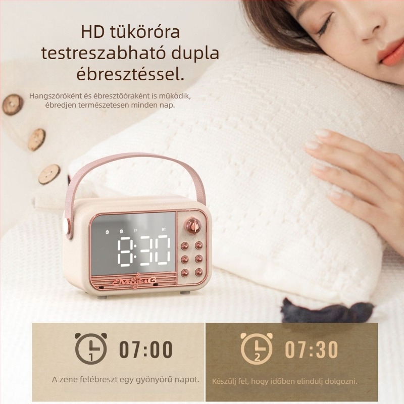 Hordozható Bluetooth ébresztőóra hangszóró, retro asztali dizájn