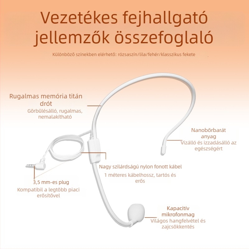 Vezeték nélküli konferenciás fejhallgató-mikrofon fülcsipesz, fejre rögzíthető kialakítás, frekvenciatartomány 30 Hz–15 kHz, SNR ≥70 dB
