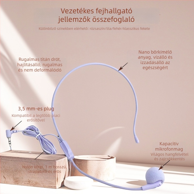 Vezeték nélküli konferenciás fejhallgató-mikrofon fülcsipesz, fejre rögzíthető kialakítás, frekvenciatartomány 30 Hz–15 kHz, SNR ≥70 dB