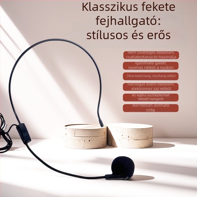 Vezeték nélküli konferenciás fejhallgató-mikrofon fülcsipesz, fejre rögzíthető kialakítás, frekvenciatartomány 30 Hz–15 kHz, SNR ≥70 dB