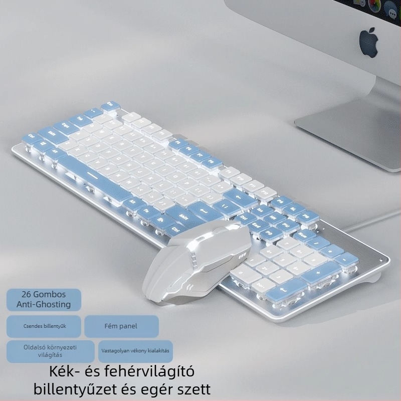 Csendes billentyűzet és egér szett, USB-kábeles, optikai 1600 DPI, háttérvilágítás, ergonómikus, otthon/iroda/játékokra