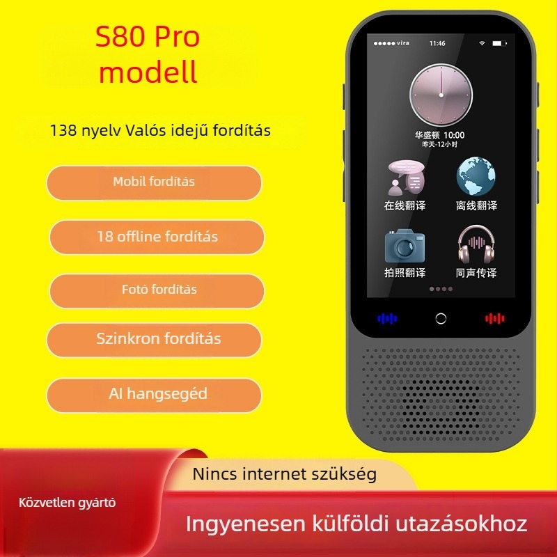 Common Language M80pro Fordító — AI valós idejű fordítás, Android-alapú, Bluetooth, 10 m hatótávolság, érintéses + gombos kezelés