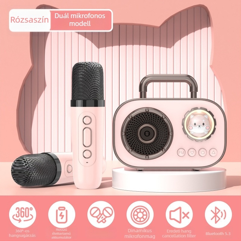 Vezeték nélküli Bluetooth karaoké hangszóró beépített akkumulátorral, 5W teljesítmény, Bluetooth 5.3, frekvenciatartomány 30 Hz–15 kHz, hatótávolság 10 m