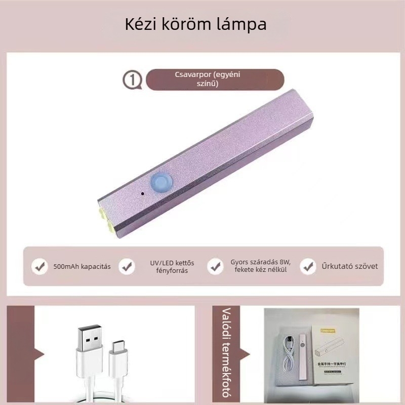 Kézben tartható UV lámpa manikűrhöz, újratölthető, gél-lakk szárítására, fém kivitel