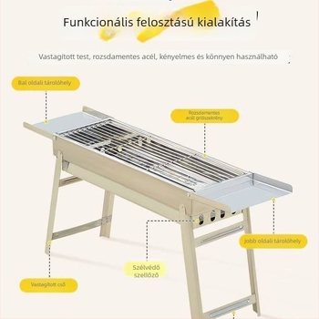 Összecsukható rozsdamentes acél BBQ-grill, 304-es minőség, négyszögletes forma, tapadásmentes grillháló, teljes kempingkészlet