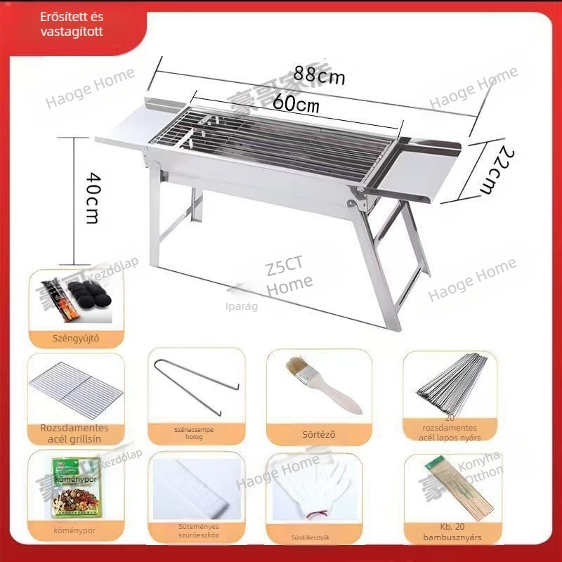 Összecsukható rozsdamentes acél BBQ-grill, 304-es minőség, négyszögletes forma, tapadásmentes grillháló, teljes kempingkészlet