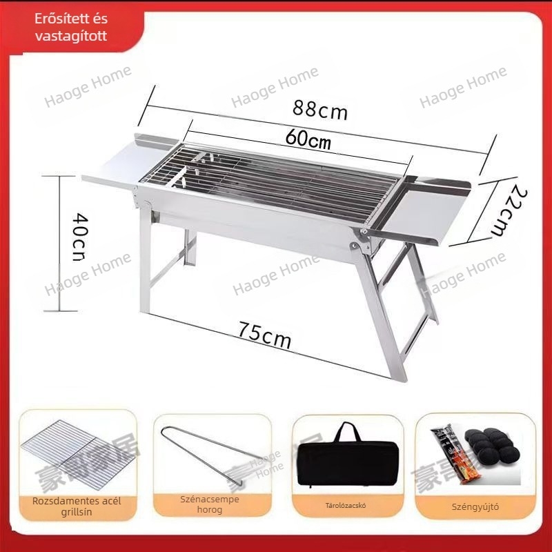 Összecsukható rozsdamentes acél BBQ-grill, 304-es minőség, négyszögletes forma, tapadásmentes grillháló, teljes kempingkészlet