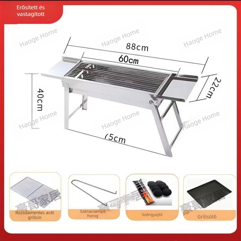 Összecsukható rozsdamentes acél BBQ-grill, 304-es minőség, négyszögletes forma, tapadásmentes grillháló, teljes kempingkészlet