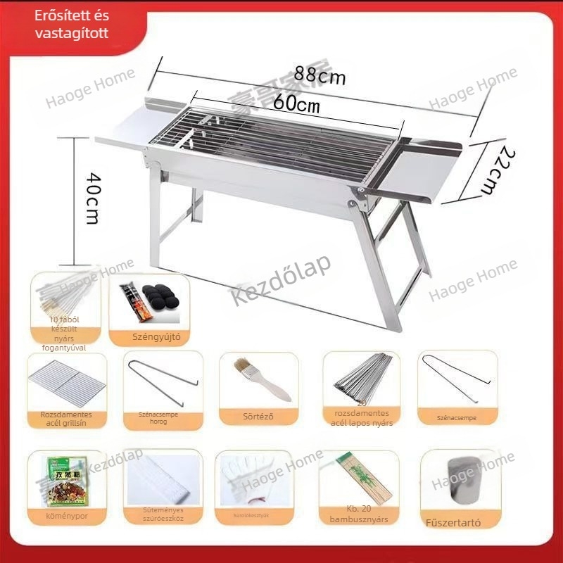 Összecsukható rozsdamentes acél BBQ-grill, 304-es minőség, négyszögletes forma, tapadásmentes grillháló, teljes kempingkészlet