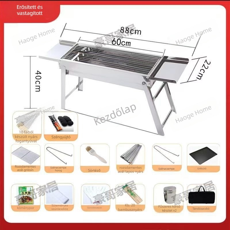 Összecsukható rozsdamentes acél BBQ-grill, 304-es minőség, négyszögletes forma, tapadásmentes grillháló, teljes kempingkészlet