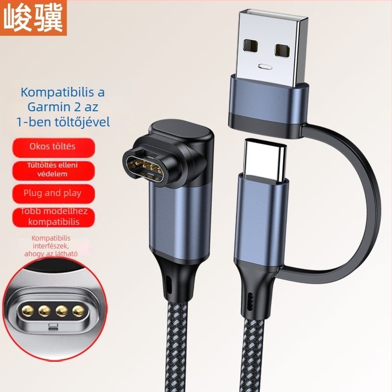 Kétfunkciós USB/Type-C töltő- és adatátviteli kábel Garmin órákhoz