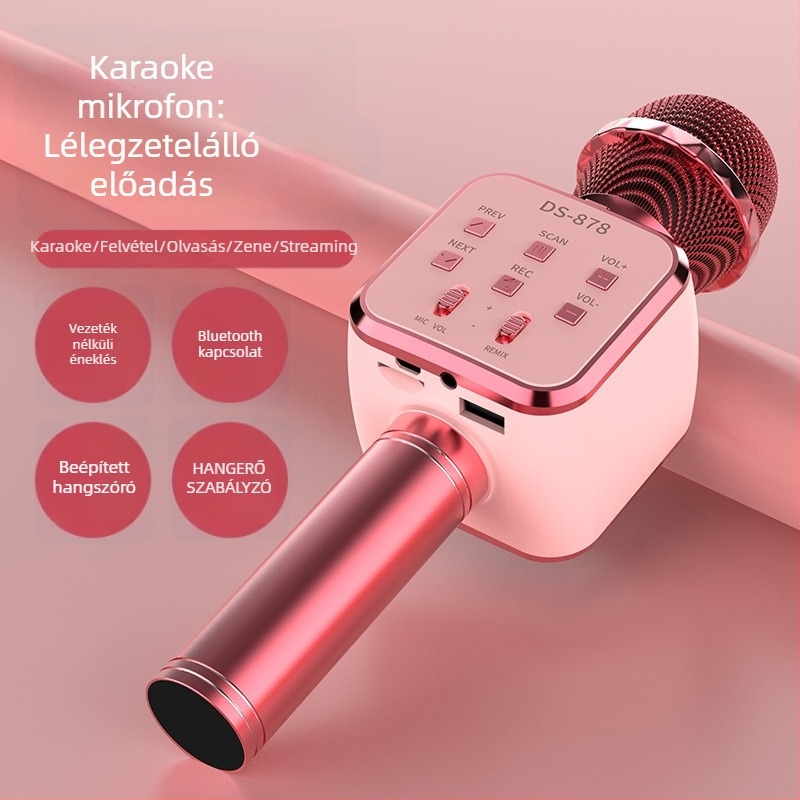 Vezeték nélküli Bluetooth-mikrofon beépített hangszóróval és hangváltoztatóval otthoni karaokehoz (Bluetooth 5.0, beépített akkumulátor 1200-2000mAh, frekvencia-válasz 60Hz-15kHz, SNR ≥60dB, névleges teljesítmény 5W)