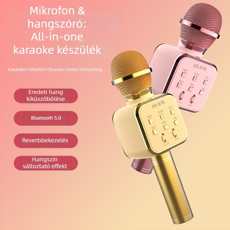 Vezeték nélküli Bluetooth-mikrofon beépített hangszóróval és hangváltoztatóval otthoni karaokehoz (Bluetooth 5.0, beépített akkumulátor 1200-2000mAh, frekvencia-válasz 60Hz-15kHz, SNR ≥60dB, névleges teljesítmény 5W)