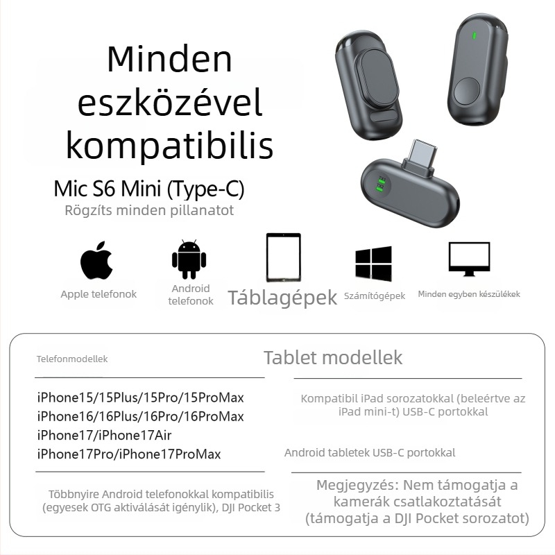 Vezeték nélküli lavalier mikrofon Q6 - 6 csatorna, frekvenciasáv 100 Hz–20 kHz, SNR ≥100 dB, beépített akkumulátor 3–6 óra