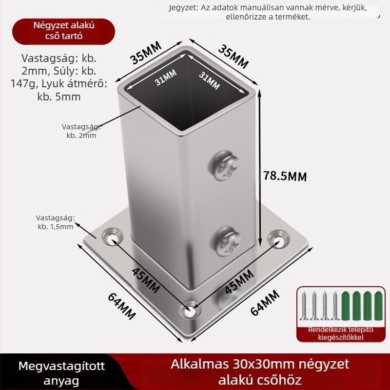 Négyzetes csőtartó flanessel alaphoz - rozsdamentes acél, oldalsó rögzítés, elektroplakált felület