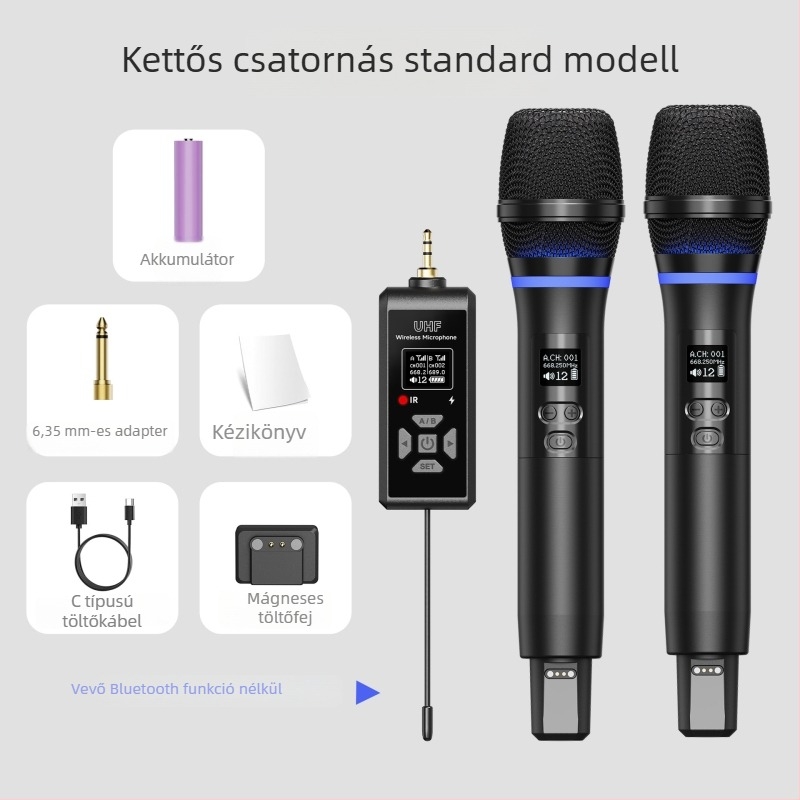 UHF-s vezeték nélküli univerzális mikrofon kettős reverb effekttel, többfunkciós élő közvetítéshez és színpadi előadásokhoz, mikrofon mágneses töltéssel