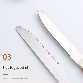 Kültéri grill-kés és villa készlet tölgyfa markolatokkal és rozsdamentes acél pengékkel — tartalmaz húskéset, steak-kést és grillvillákat, modern minimalista stílusban