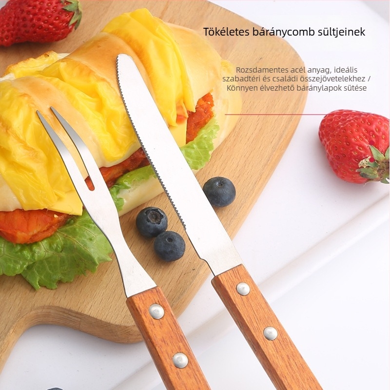 Kültéri grill-kés és villa készlet tölgyfa markolatokkal és rozsdamentes acél pengékkel — tartalmaz húskéset, steak-kést és grillvillákat, modern minimalista stílusban