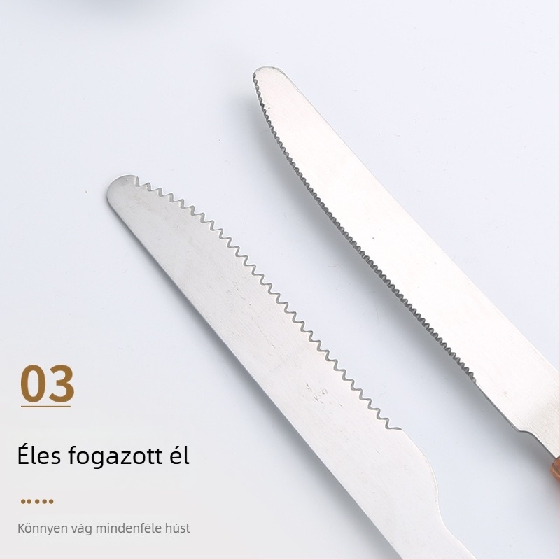 Kültéri grill-kés és villa készlet tölgyfa markolatokkal és rozsdamentes acél pengékkel — tartalmaz húskéset, steak-kést és grillvillákat, modern minimalista stílusban