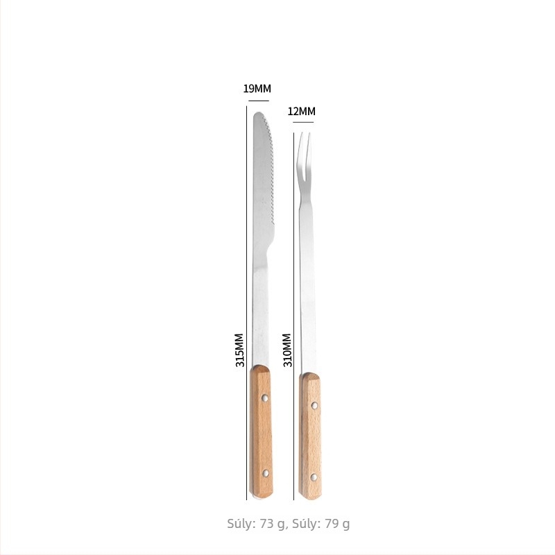 Kültéri grill-kés és villa készlet tölgyfa markolatokkal és rozsdamentes acél pengékkel — tartalmaz húskéset, steak-kést és grillvillákat, modern minimalista stílusban