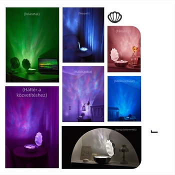 Kagyló alakú Bluetooth hangszóró lámpával és basszussal, Bluetooth 3.0, 3W, 100Hz–20kHz, SNR ≥85dB, 1200–2000mAh akkumulátor, színes fényprojekció