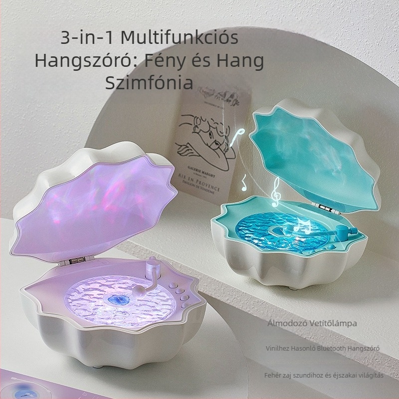 Kagyló alakú Bluetooth hangszóró lámpával és basszussal, Bluetooth 3.0, 3W, 100Hz–20kHz, SNR ≥85dB, 1200–2000mAh akkumulátor, színes fényprojekció