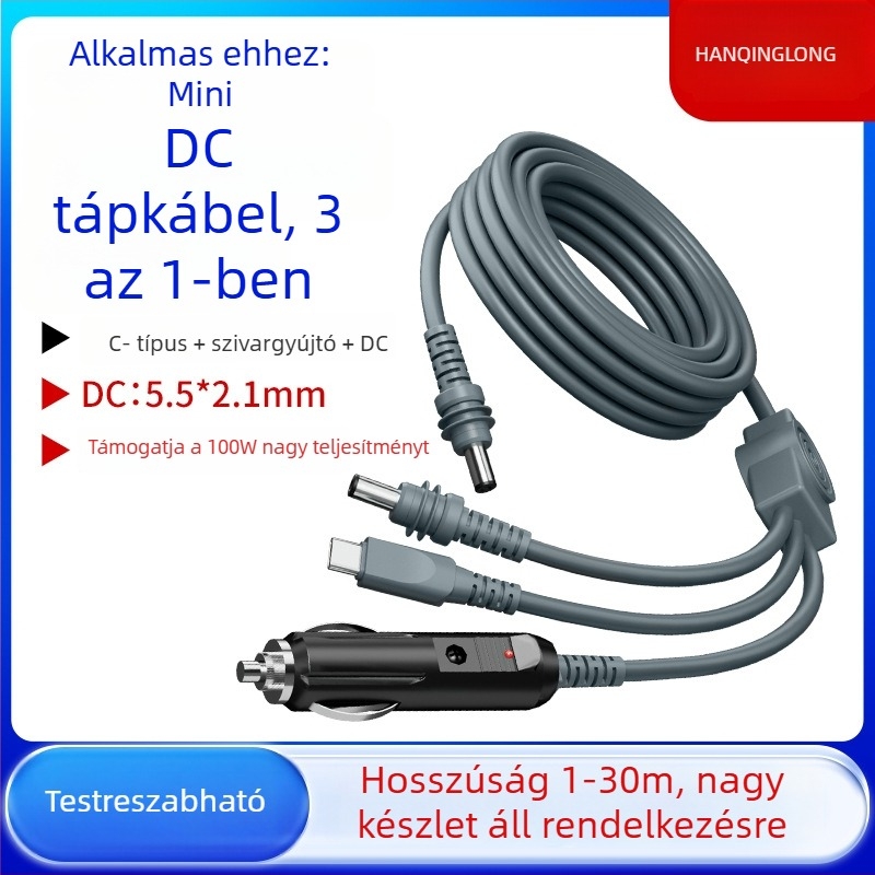Mini DC tápkábel cserélhető, 3-in-1 autós töltő Type-C és DC 5,5×2,1 mm