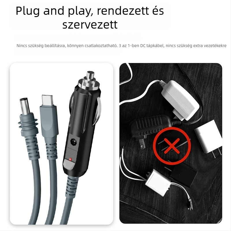 Mini DC tápkábel cserélhető, 3-in-1 autós töltő Type-C és DC 5,5×2,1 mm