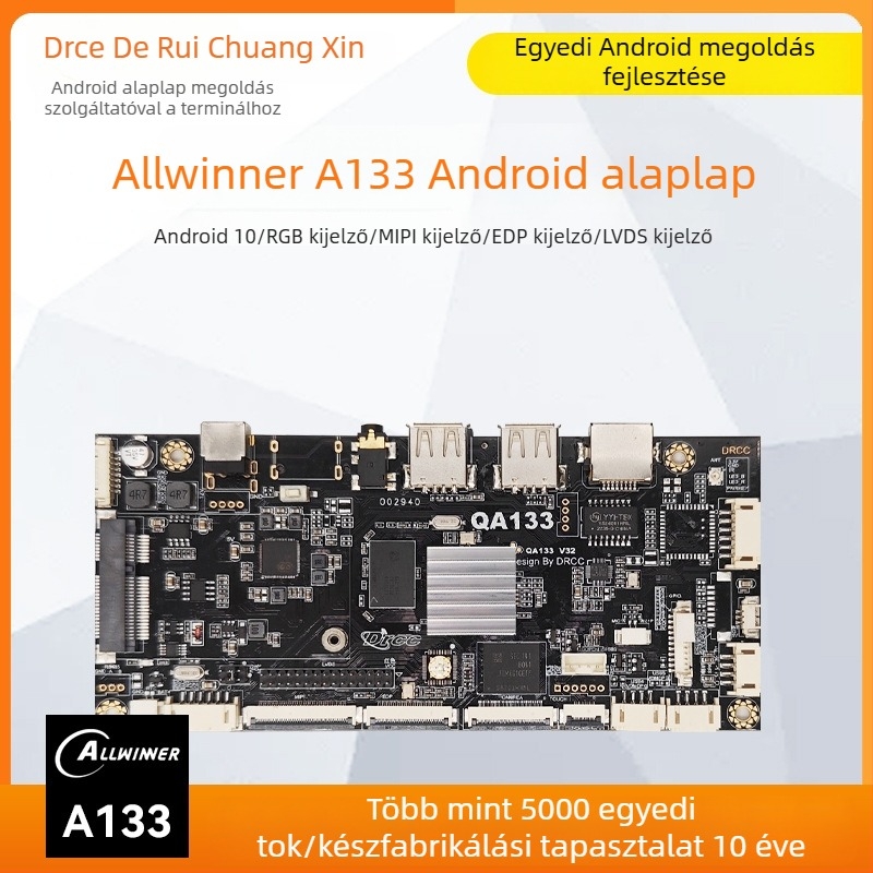 Android alaplap Allwinner A133, négymagos 1,8 GHz, 1GB RAM + 8GB flash, tápellátás 12V 2A, USB: 2x host (OTG opcionális) + 3 USB port, TTL 3.3V soros, reklámgépekhez és digitális kiíráshoz