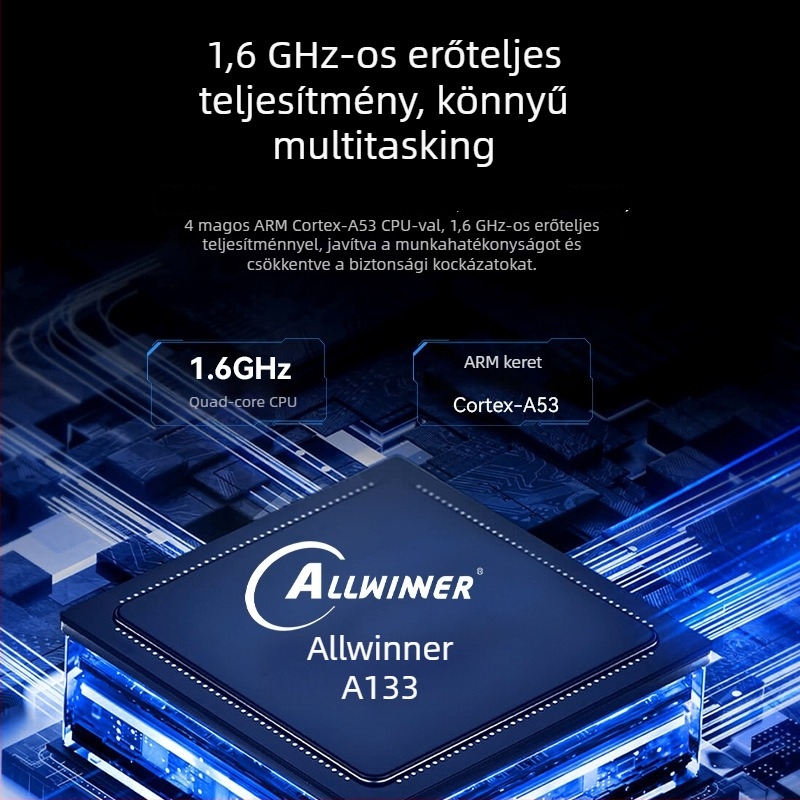 Android alaplap Allwinner A133, négymagos 1,8 GHz, 1GB RAM + 8GB flash, tápellátás 12V 2A, USB: 2x host (OTG opcionális) + 3 USB port, TTL 3.3V soros, reklámgépekhez és digitális kiíráshoz