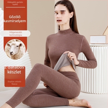 Női gyapjú termoszett - magas gallér, hosszú ujjú, egyszínű minta, gyapjú anyag, japán-koreai laza stílus