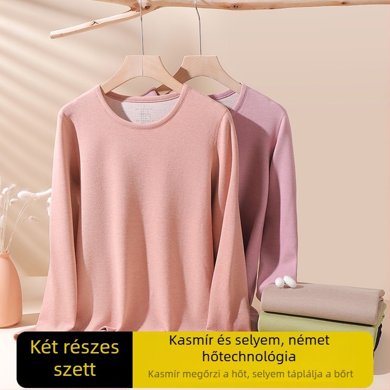 Női gyapjú termoszett - magas gallér, hosszú ujjú, egyszínű minta, gyapjú anyag, japán-koreai laza stílus